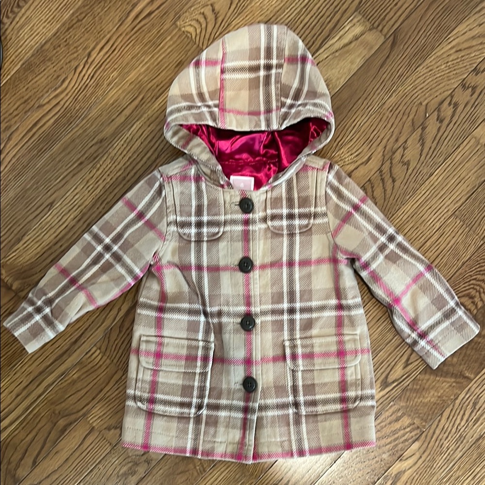 Plaid Hooded Coat with Pink Accents